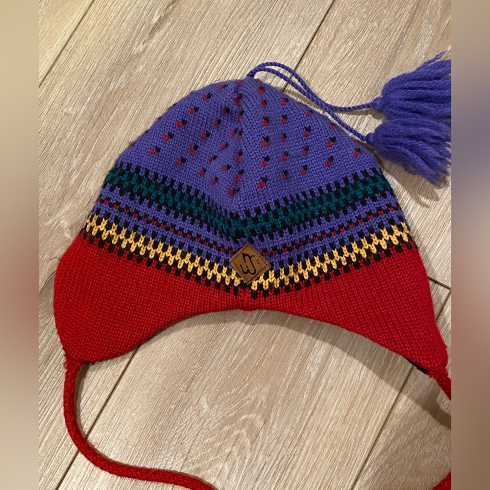 Vtg Merkley Wool Hat Knit Blue Red Beanie Cap Ear Flaps Tassels Canada - Picture 2 of 5